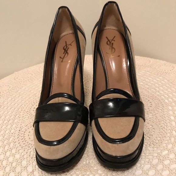 Yves Saint Laurent Loafer Platform Heels Nude & Black Size 10 - Picture 1 of 8